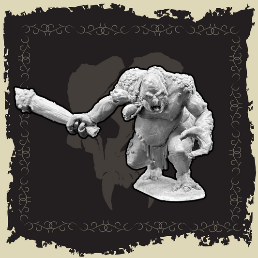 Mountain Troll miniature, 28mm scale, unpainted resin figure with an enormous club, ideal for tabletop gaming.