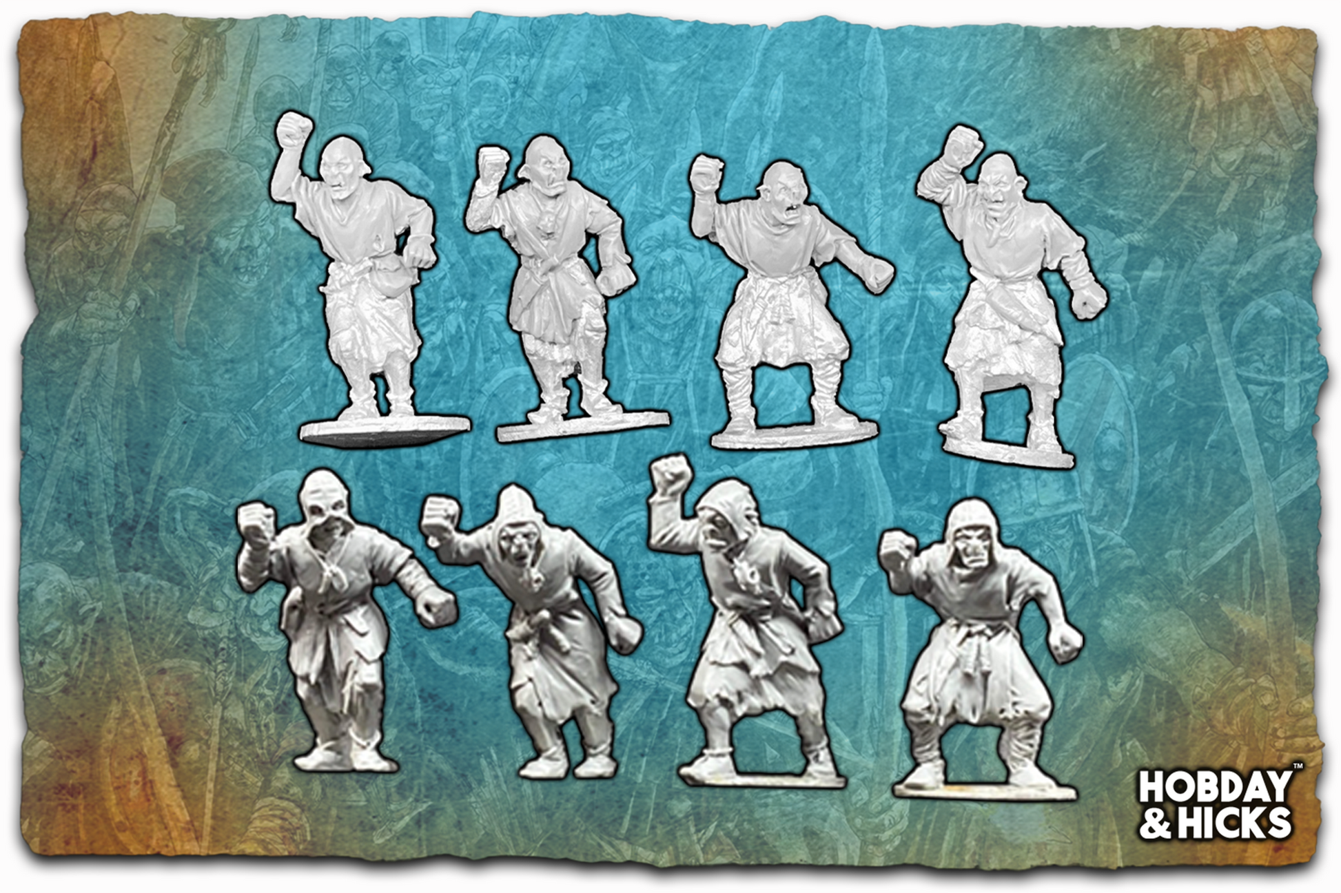 Orc Warriors with Spear & Shields miniatures set featuring eight detailed figures in various poses.