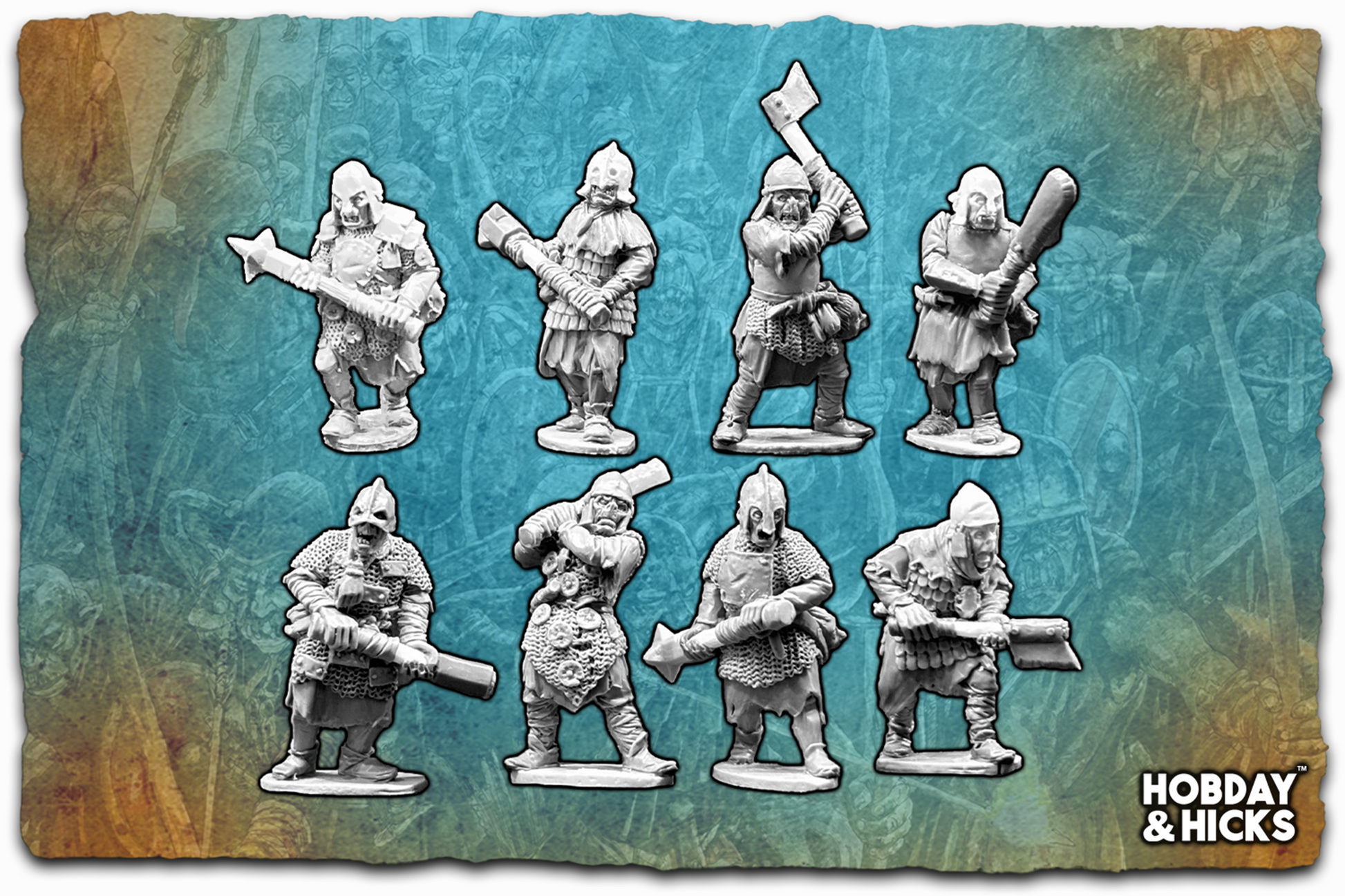 Orc Linebreaker Berserkers set of eight 28mm metal miniatures for tabletop gaming, featuring fierce warrior designs.