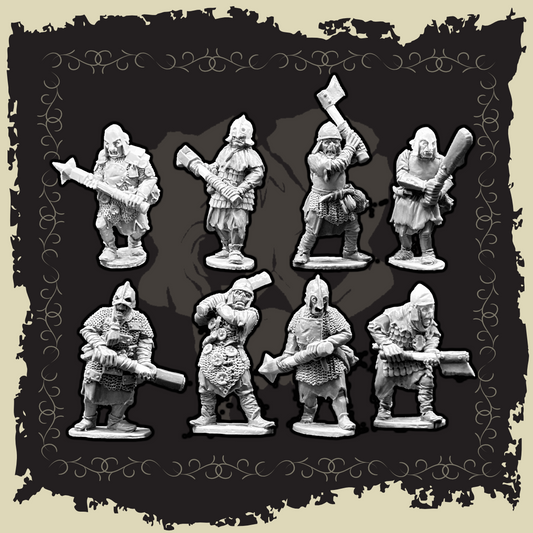 Set of eight Orc Linebreaker Berserkers miniatures in 28mm metal, engaged in battle poses.