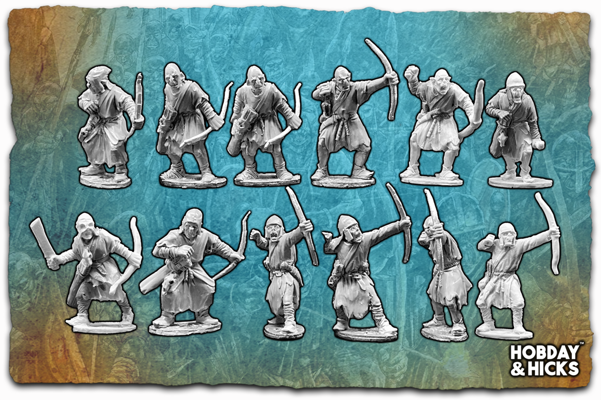 Set of twelve Orc Archers miniatures, each 28mm tall, showcasing detailed poses and weaponry.