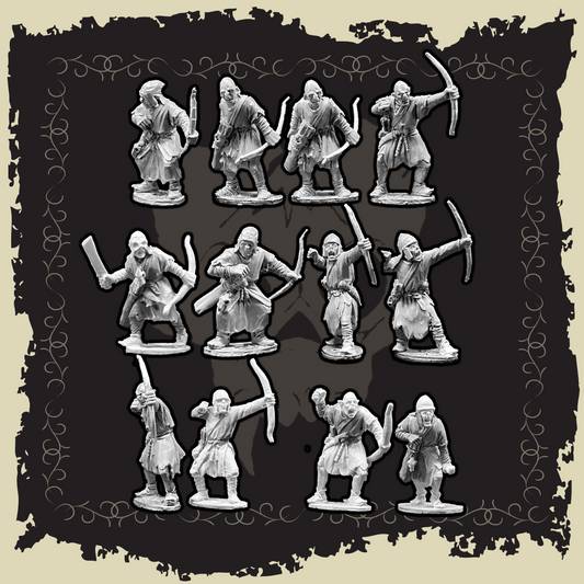 Set of twelve Orc Archers metal miniatures, showcasing skilled bowmasters in dynamic poses.