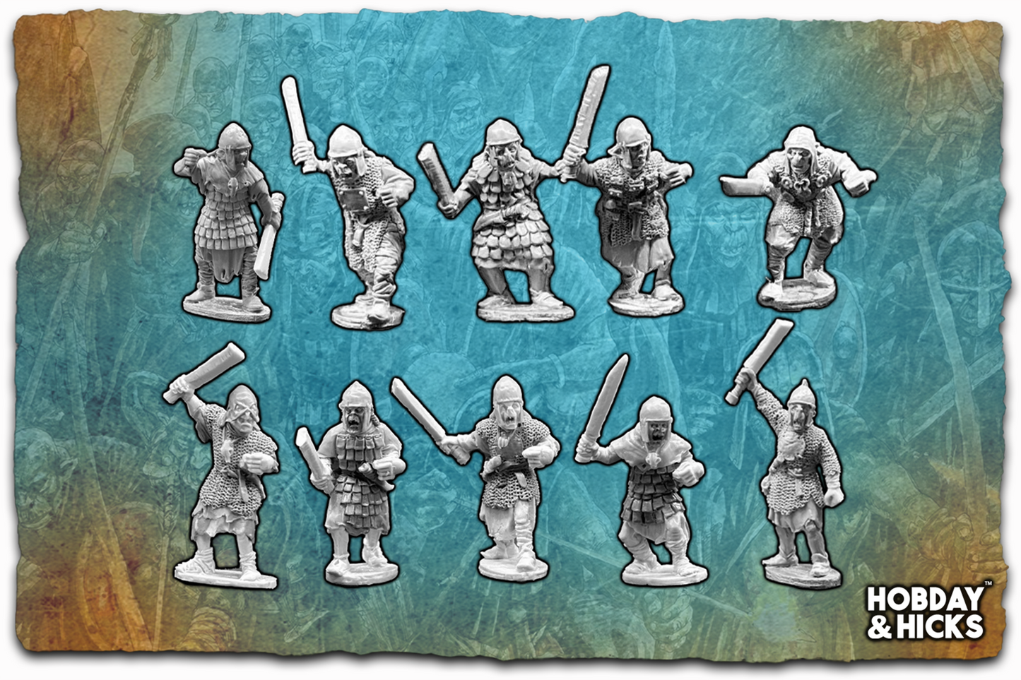 Armoured Orc Warriors - ten unpainted 28mm metal miniatures on a 25mm round base, ready for tabletop battles.