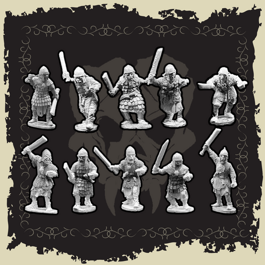 Armoured Orc Warriors - set of ten unpainted 28mm metal miniatures with 25mm round base for tabletop gaming.