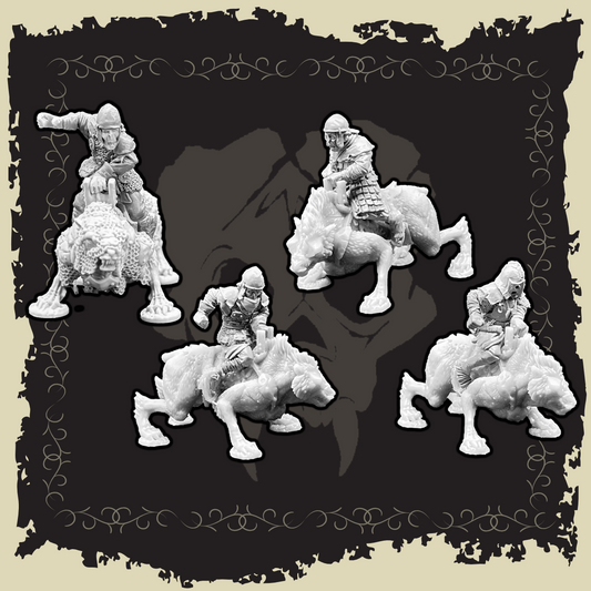 Orcs Riding Armoured Wolves miniatures set showcasing four Orc riders on armoured wolves in detailed resin.