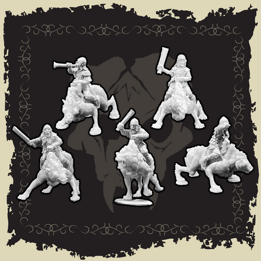 Orc Wolf Rider Scouts figurines showcasing five metal models on wolves with weapons, perfect for tabletop gaming.