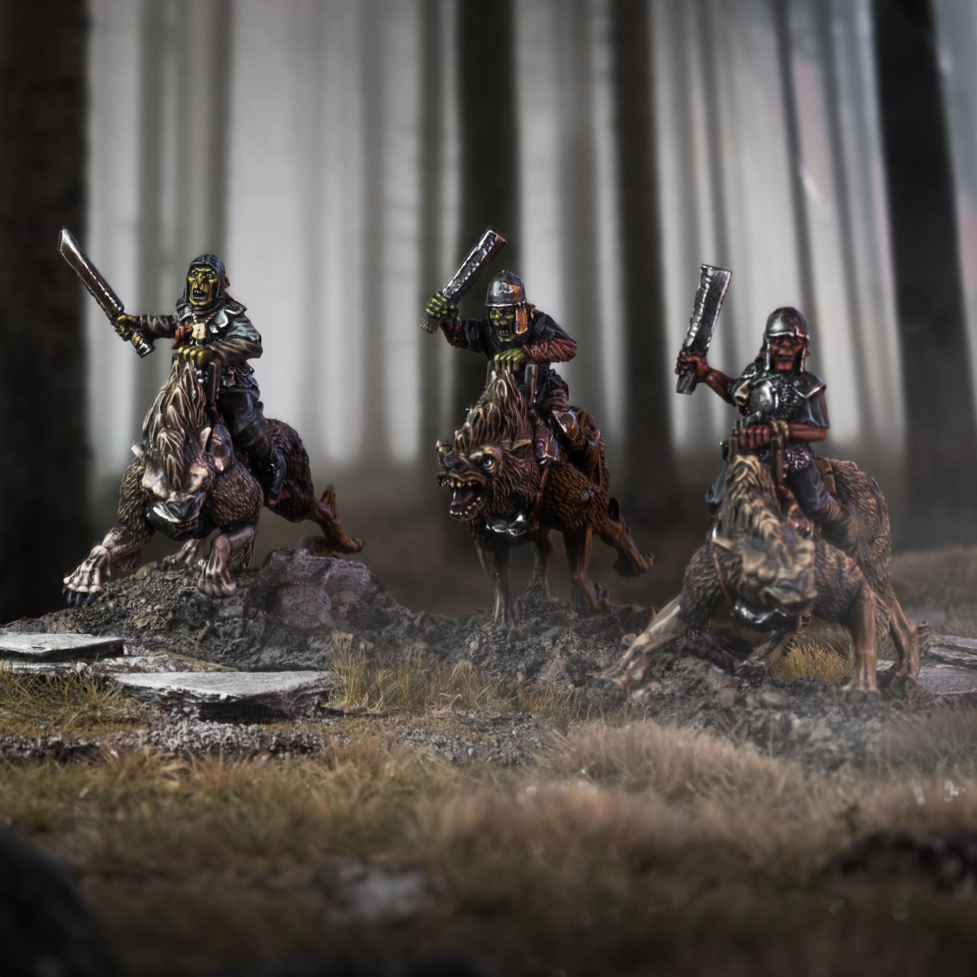 Orc Wolf Rider Scouts charging through a forest on wolves, armed and ready for battle.