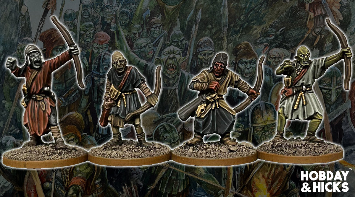 Four Orc Archers miniatures showcasing detailed designs and dynamic poses for tabletop gaming.
