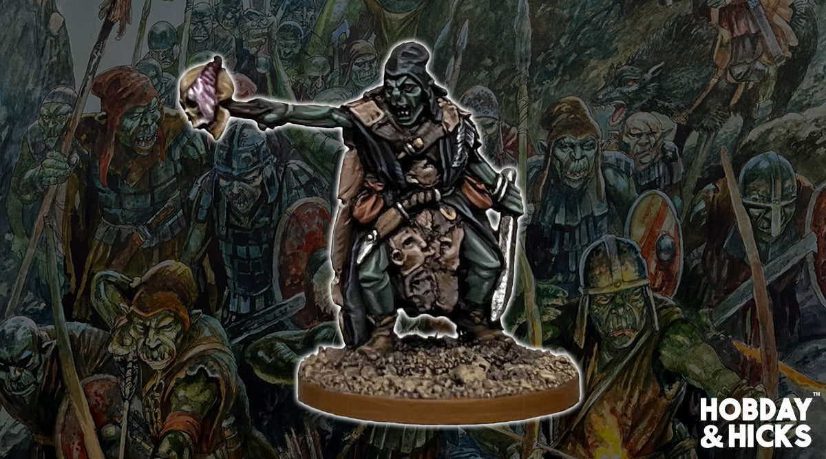Morrok Manflayer & Fanatical Bodyguard, an imposing Orc figure wielding dark magic in a battle scene.