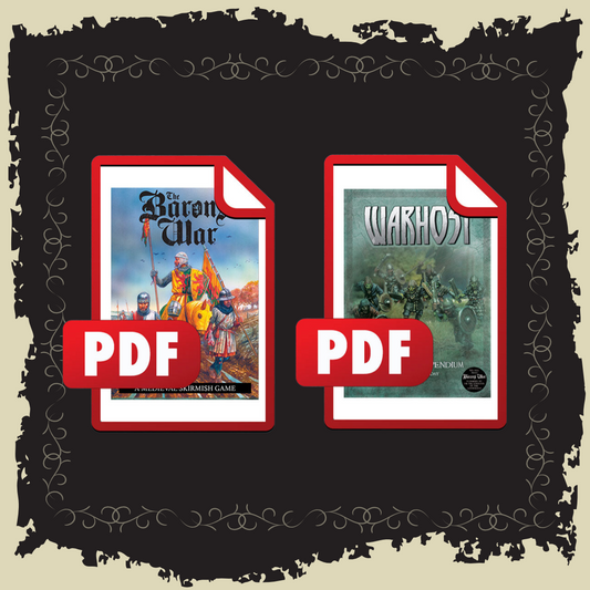Warhost & The Barons War (first edition) PDF download bundle, featuring the rulebook and compendium covers.