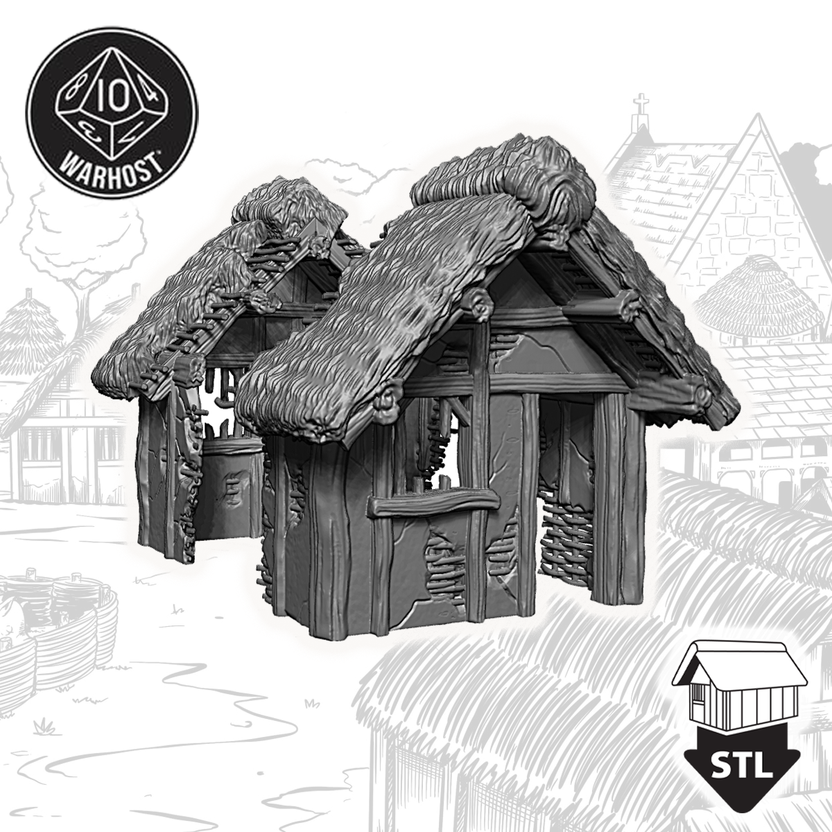 3D printed Ruined Hovel terrain piece with detailed design, includes STL files for high-quality printing.