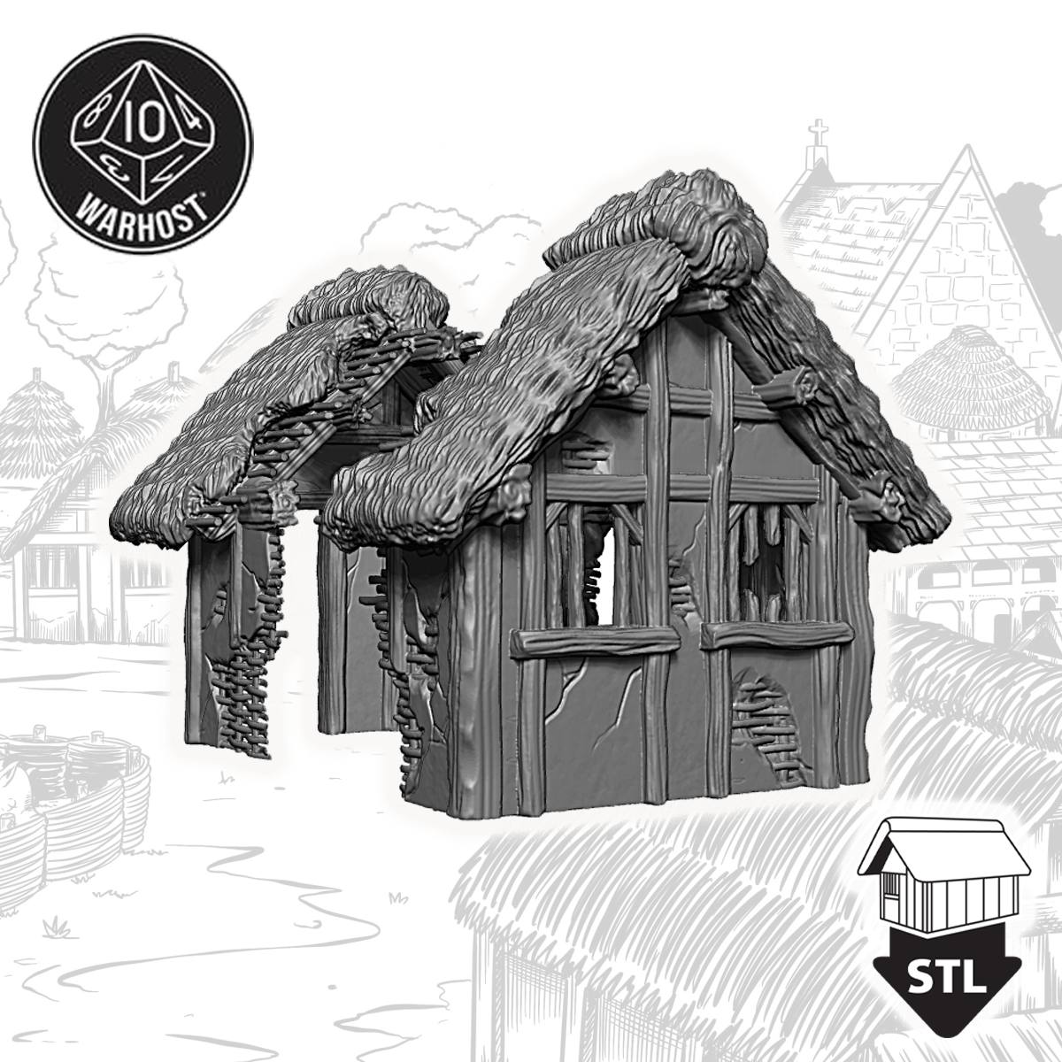 3D printed ruined hovel terrain piece, featuring a damaged structure with thatched roof, STL file ready for download.