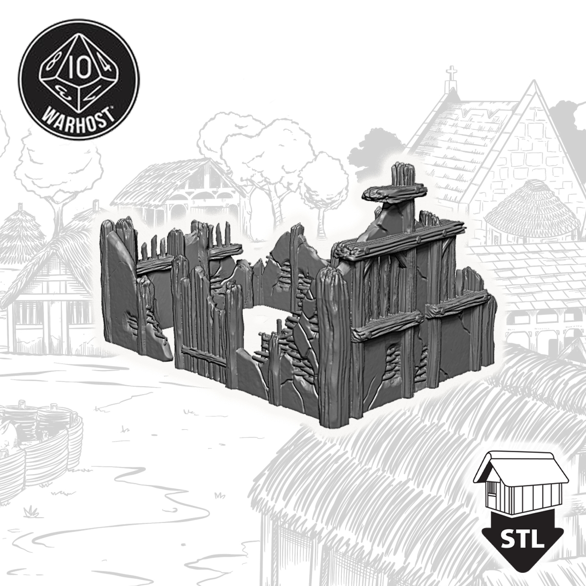 Ruined Hovel 3D terrain piece, high-quality STL file for 3D printing. Includes pre-supported option for easy printing.