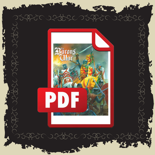 Barons' War Second Edition Rulebook PDF cover image featuring medieval battle scene and PDF label.