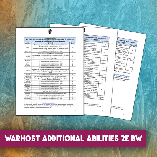 Warhost Additional Abilities table updated for Barons' War Second Edition, showcasing new skills for fantasy warbands.