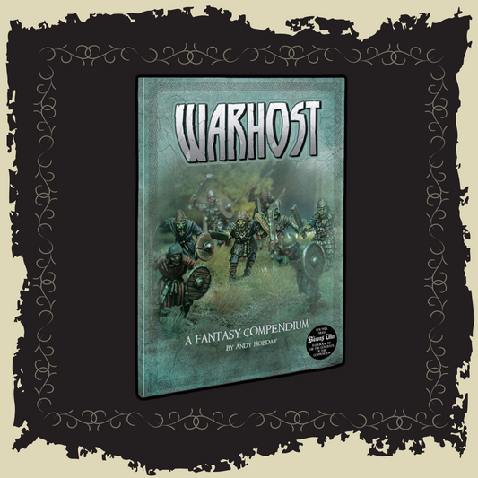 Warhost: A Fantasy Compendium cover featuring warriors ready for battle in a fantastical landscape.