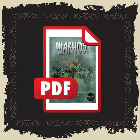 Warhost PDF download cover image featuring fantasy warriors and a PDF symbol.