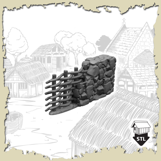 Dry Stone Wall to Wattle Fence Connector 3D model for terrain printing, includes STL file and pre-supported option.