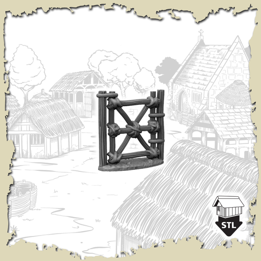 Wattle Gate 3D terrain piece STL file for high quality printing, pre-supported option included.