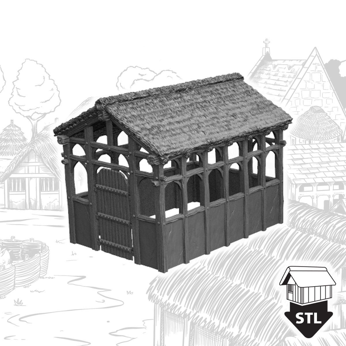 Hay Barn 3D printable model with STL files included for high-quality terrain piece.