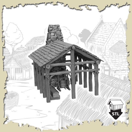 Blacksmiths Forge model for 3D printing, includes STL files and pre-supported options for high-quality terrain pieces.