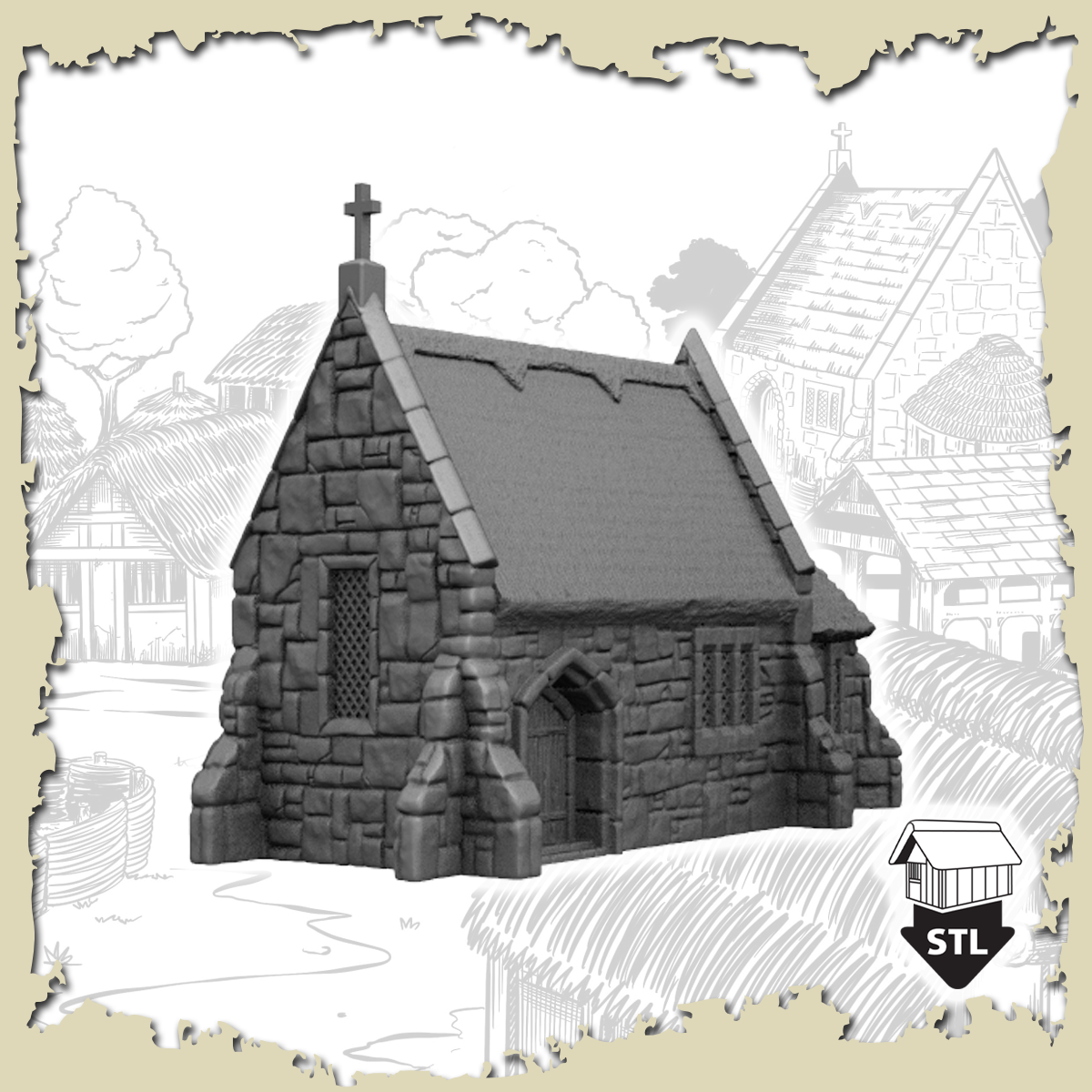 3D printed Church model with stone texture, includes STL file for high quality terrain piece.