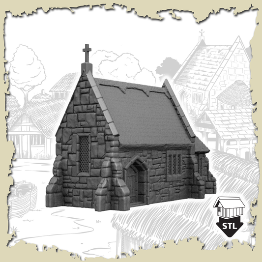 3D printed Church model with stone texture, includes STL file for high quality terrain piece.