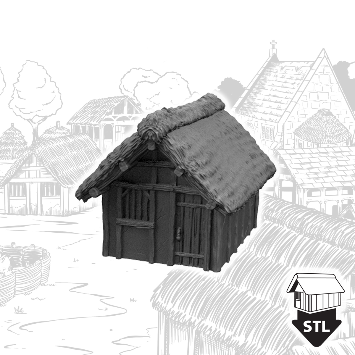 Hovel 1 3D printed model with thatched roof and wooden structure ready for tabletop games.