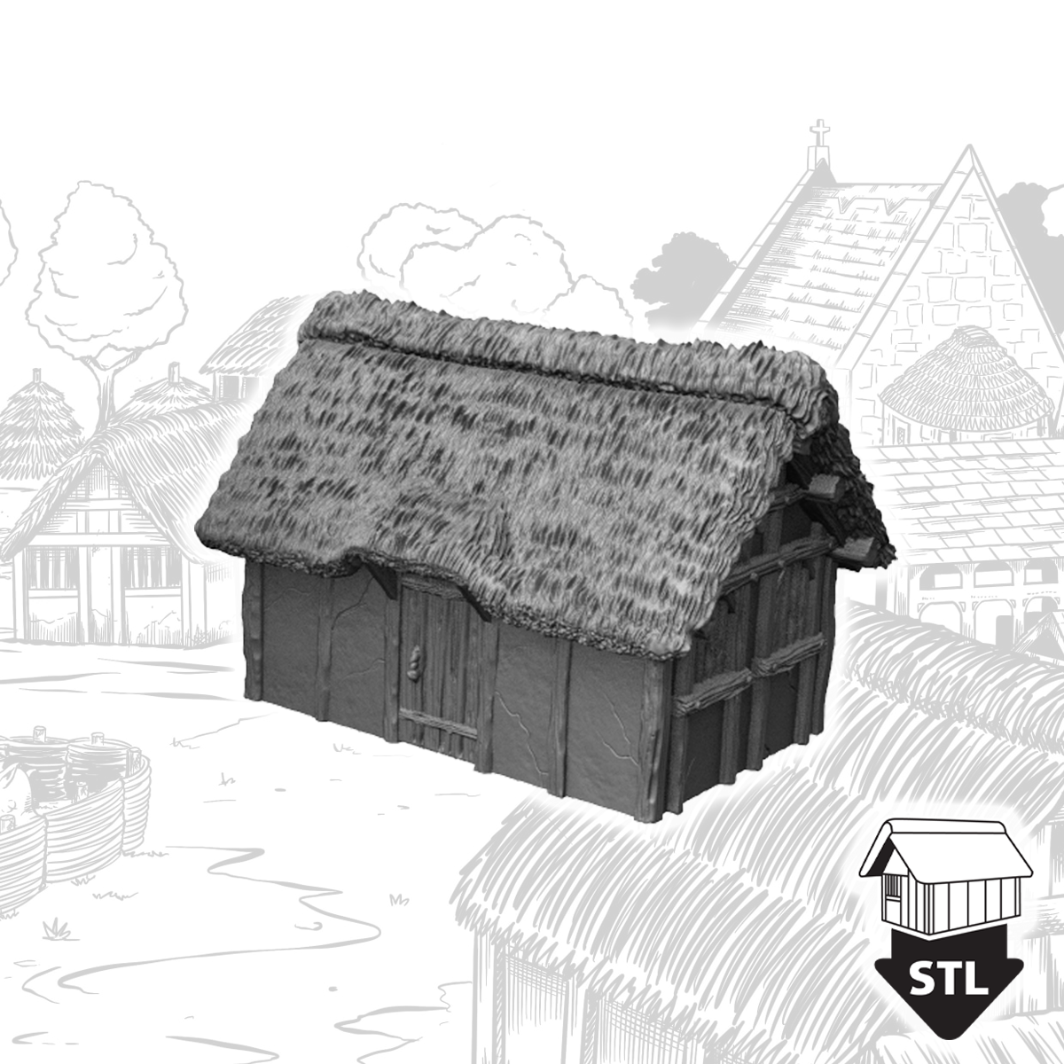 Hovel 2 3D model with thatched roof, includes STL files for printing, showcasing high quality terrain design.
