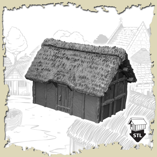 Hovel 2: 3D printed terrain piece with thatched roof, STL files included for printing.