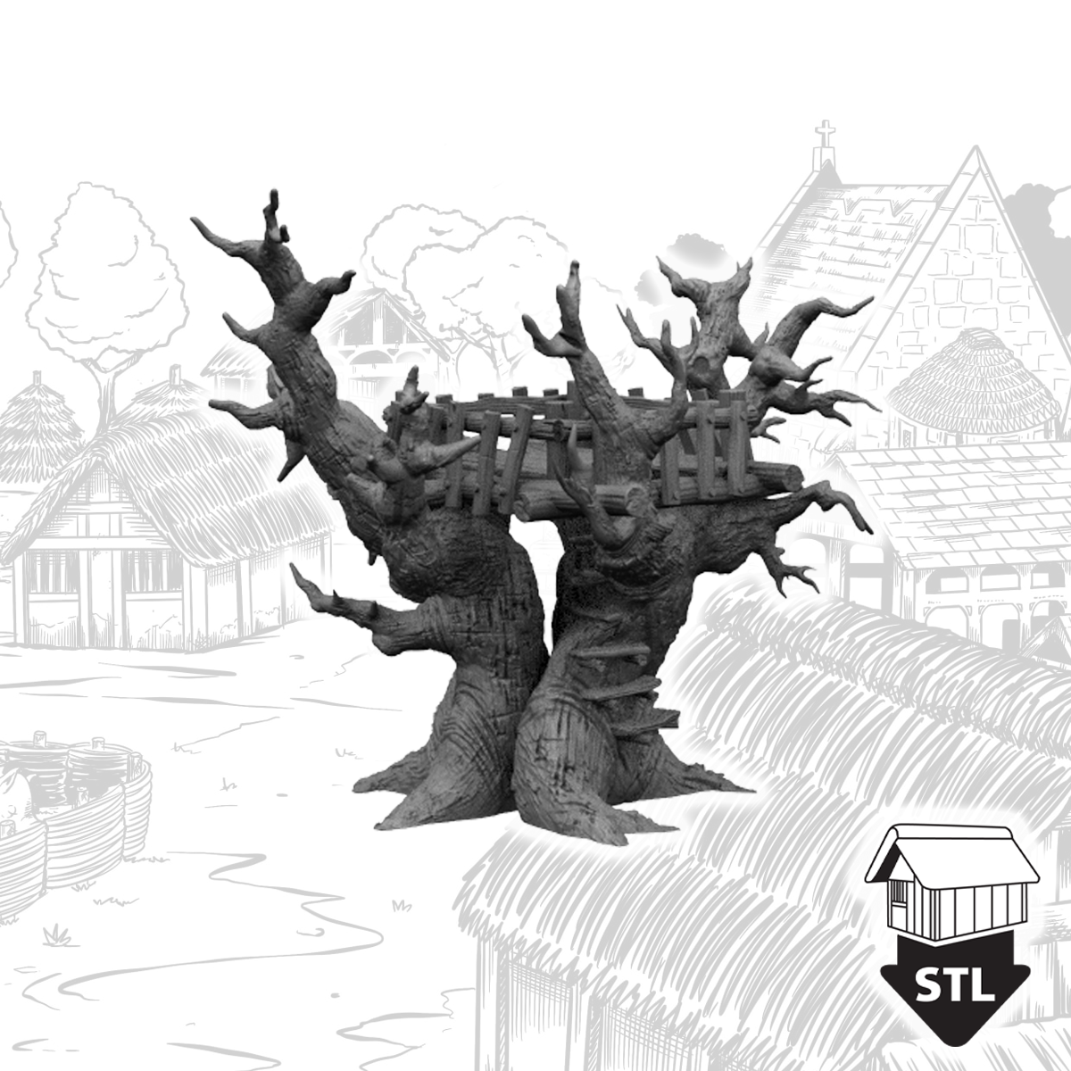Tree House model 3D printed terrain piece with STL files included for high quality printing.