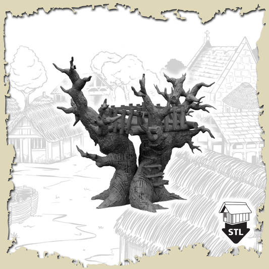 3D model of a Tree House featuring detailed, gnarled trees, ready for STL printing.