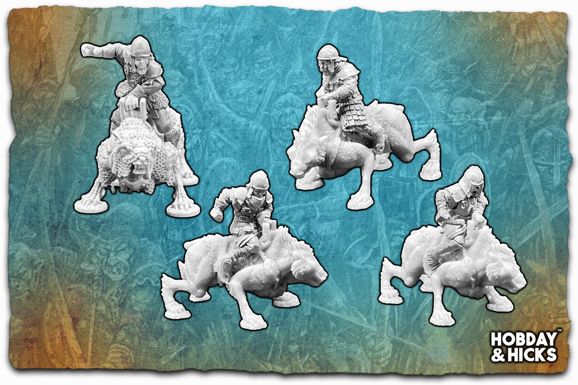 Orcs Riding Armoured Wolves miniatures displaying orc riders on wolves with intricate details and fierce expressions.