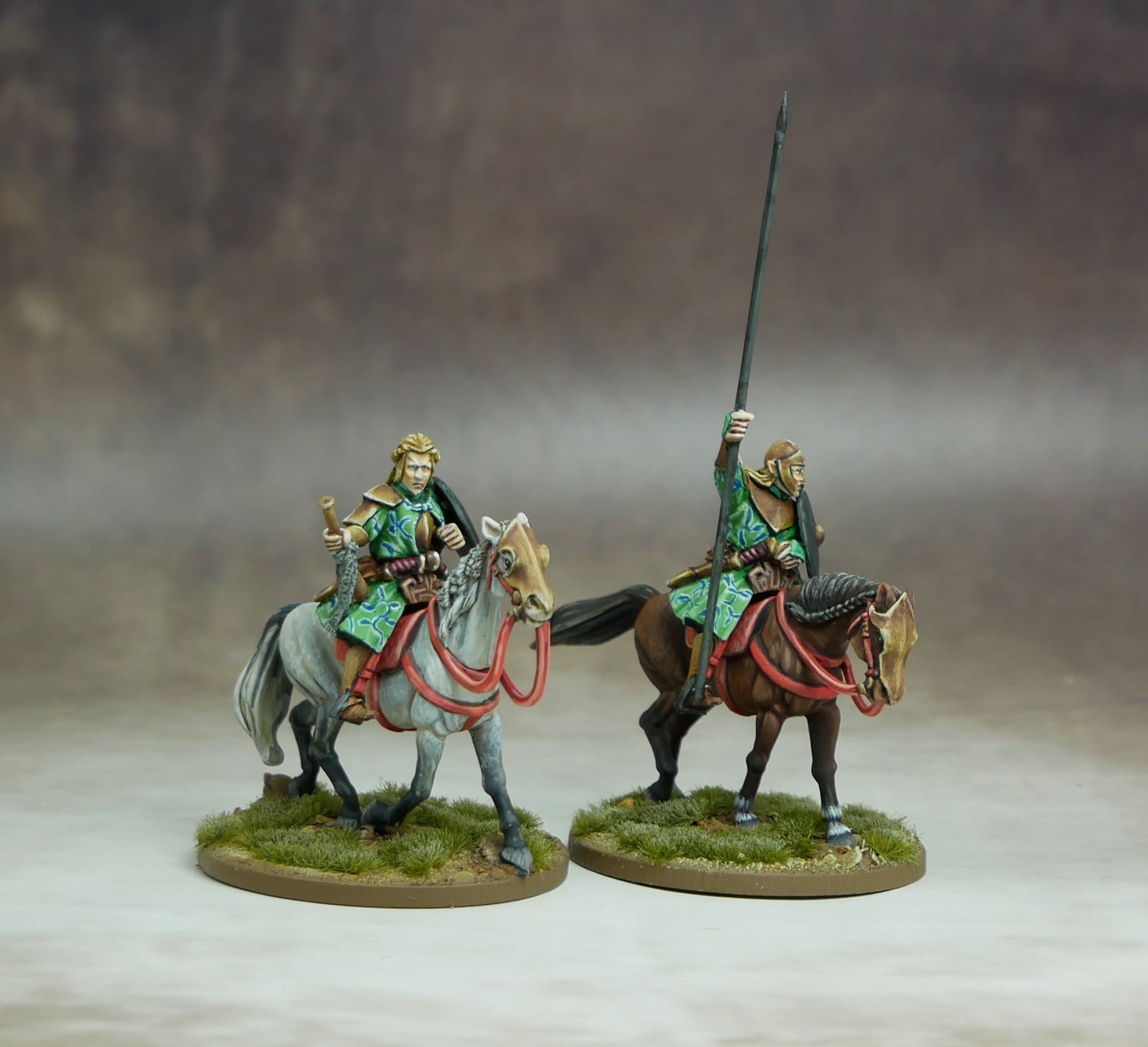 Elven Heavy Cavalry Banner & Musician figures on horseback, showcasing elite warriors in detailed armor.