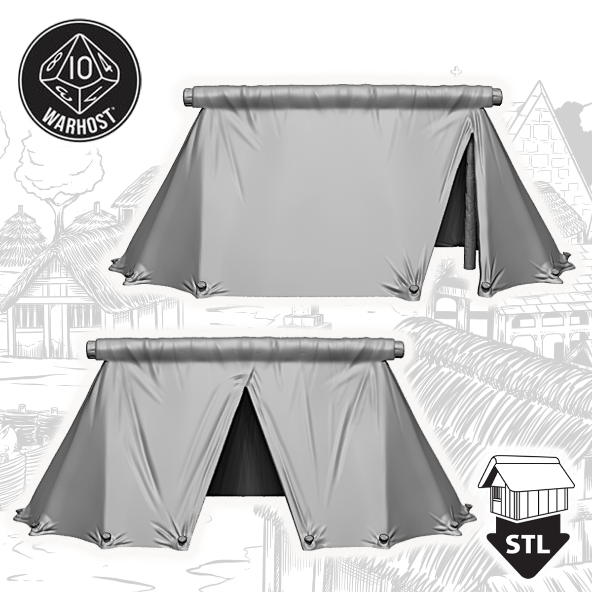 High-quality campaign tent set 3D printable STL files for terrain models, featuring front and back views.