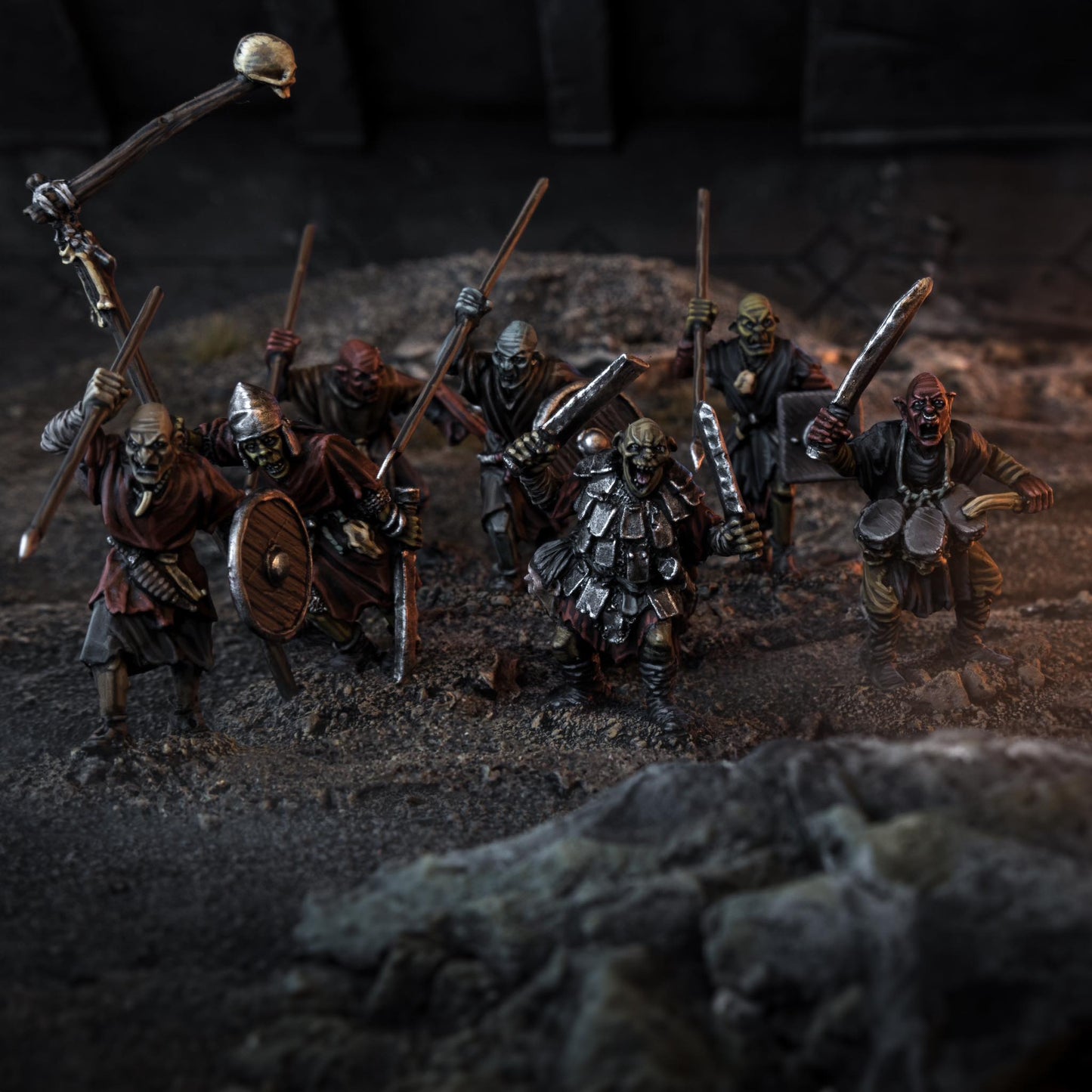 Orc Command Group featuring Mountain Orcs with weapons and shields in a fierce battle stance.