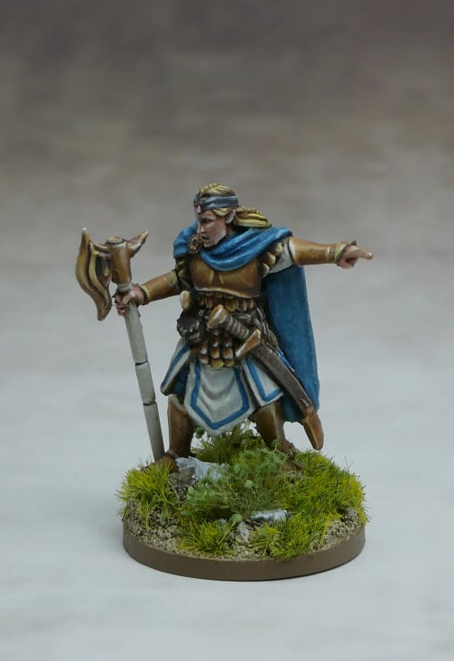 Elven Command Group figure depicting an elven leader wielding a staff and axe in an ornate outfit.