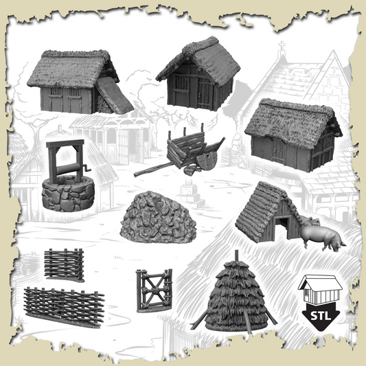 The Hamlet deal 3D printable terrain pieces including huts, well, cart, pigsty, and fences.