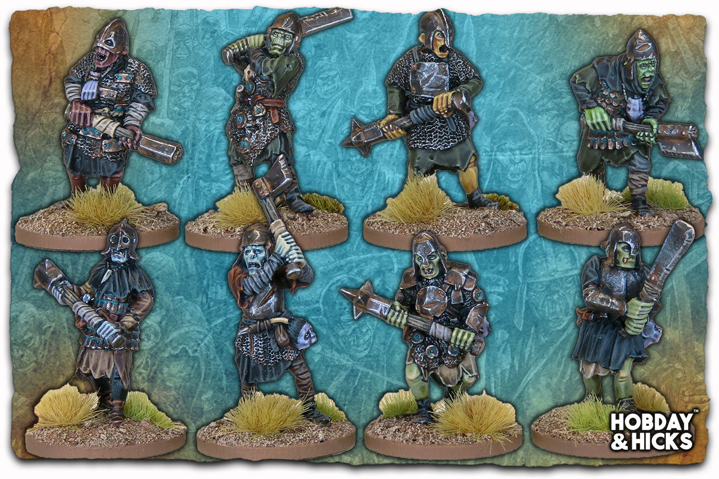 Orc Linebreaker Berserkers set featuring eight 28mm metal miniatures in various battle poses.