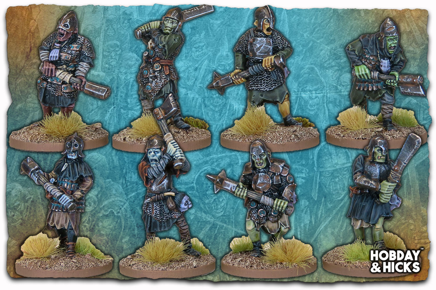 Orc Linebreaker Berserkers set featuring eight 28mm metal miniatures in various battle poses.