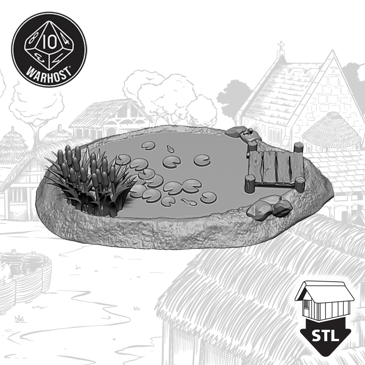 Village Pond terrain piece for 3D printing, includes STL files and pre-supported options for tabletop games.