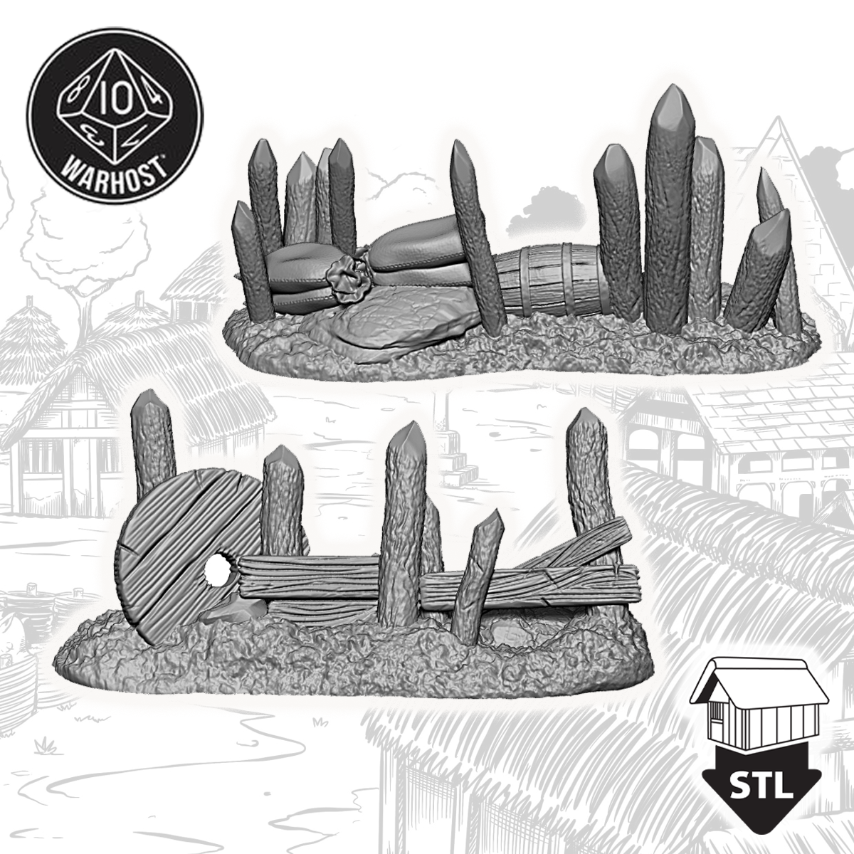 3D printed barricade terrain set featuring rocks and wooden structures, includes STL files for printing.