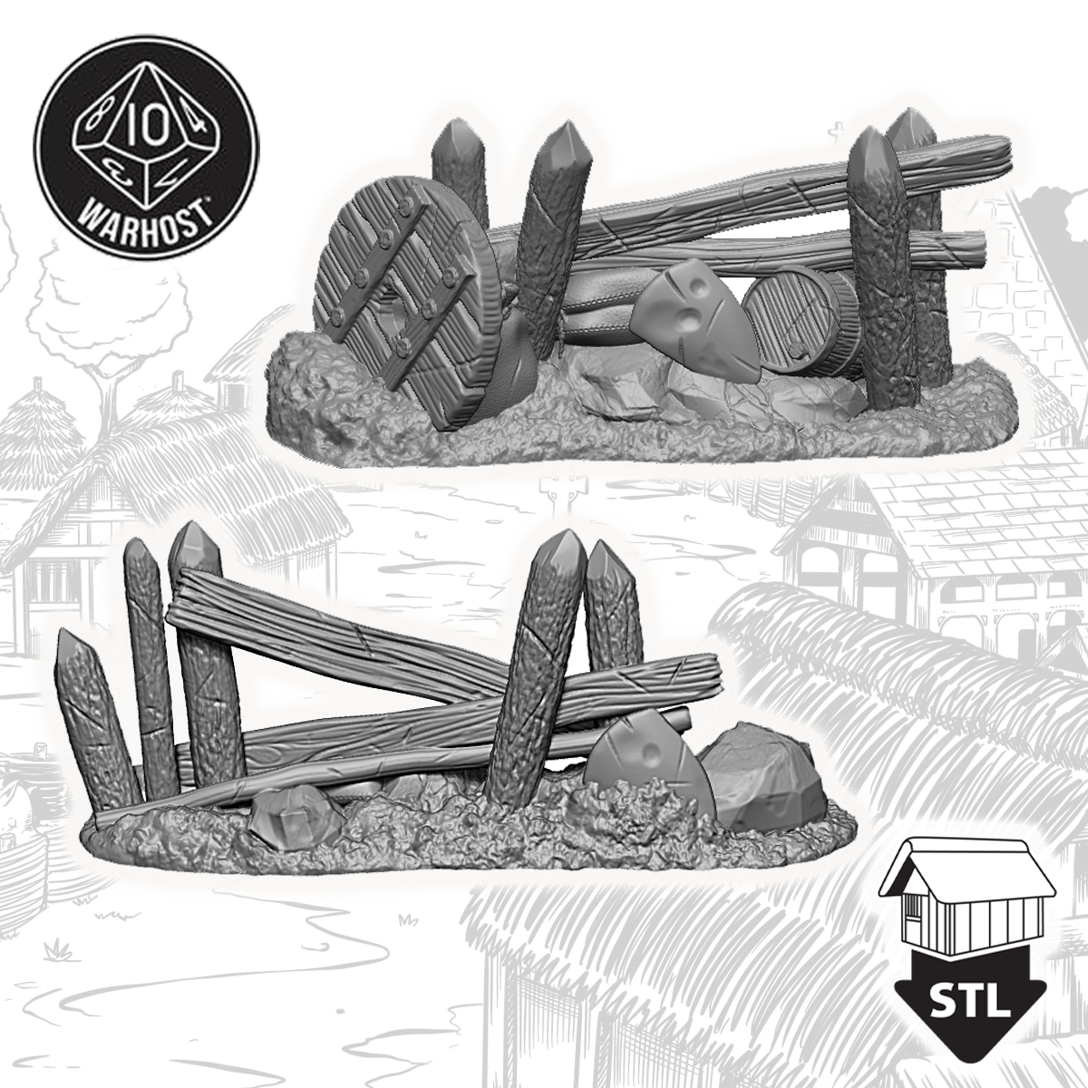 3D STL barricade set featuring detailed wooden logs and stones, ideal for tabletop gaming terrain models.