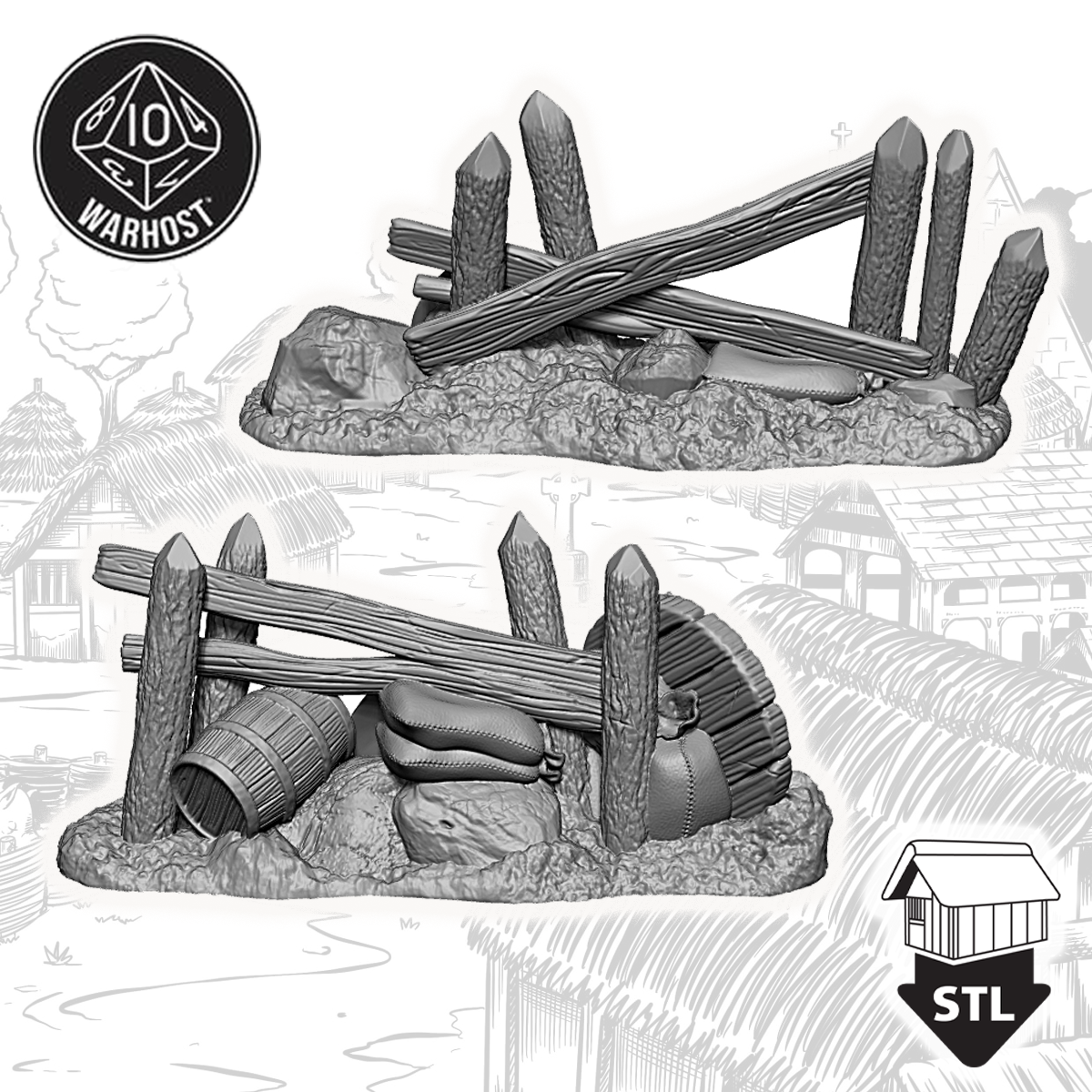 High-quality 3D print of a barricade terrain piece with barrels and rocks, includes STL file for easy printing.