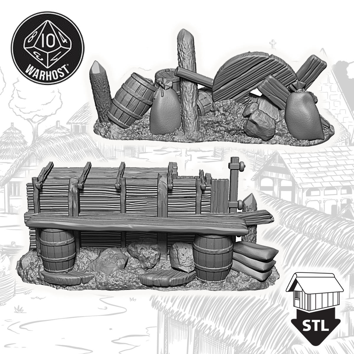 High-quality 3D printed terrain piece barricade set including barrels and rustic elements for tabletop gaming.