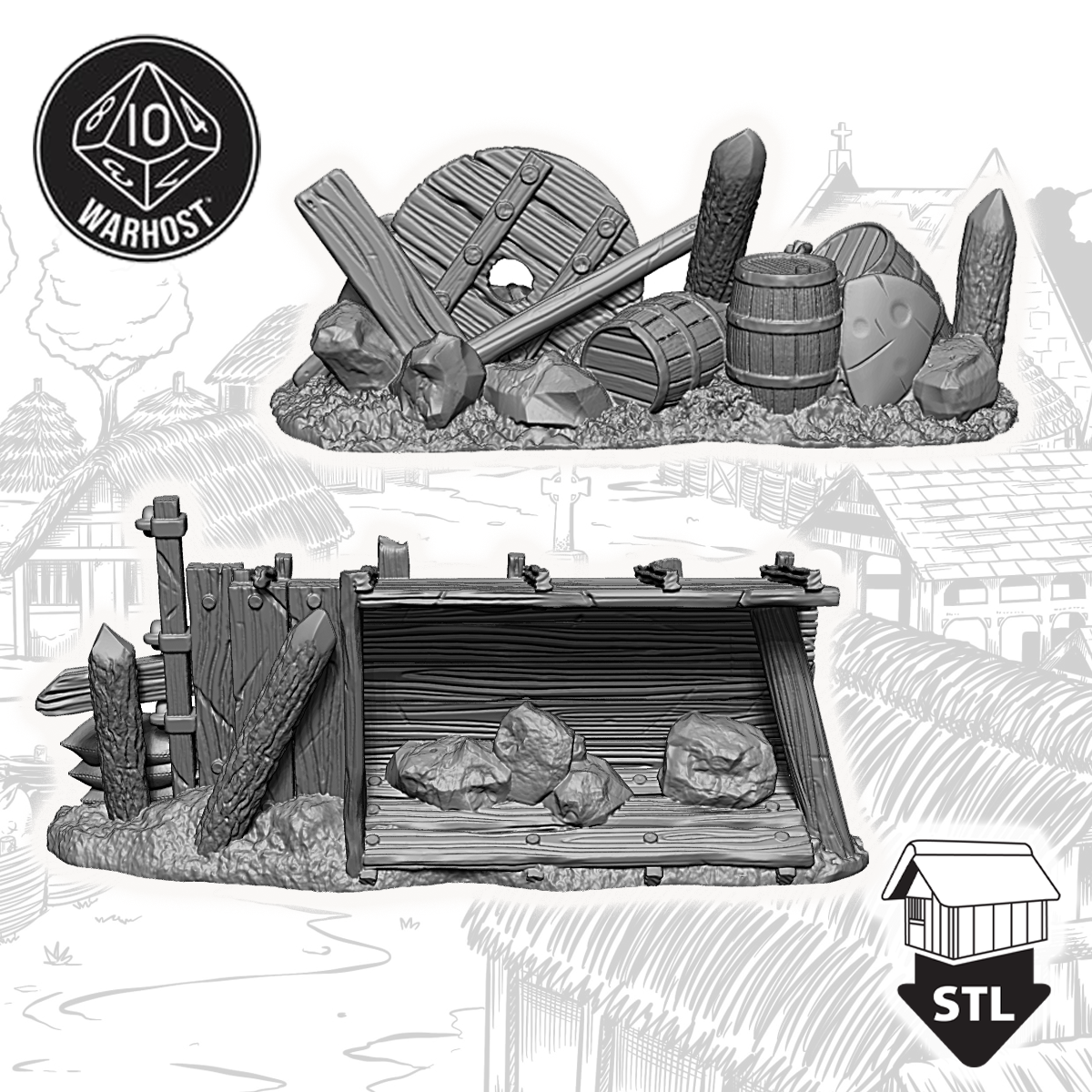 High-quality 3D printable barricade set with terrain details including barrels, logs, and a wooden structure.