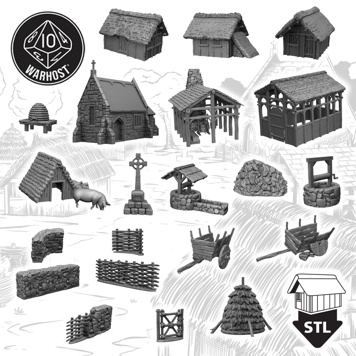 3D printed terrain models for The Village deal including buildings, fences, and accessories, in STL format.