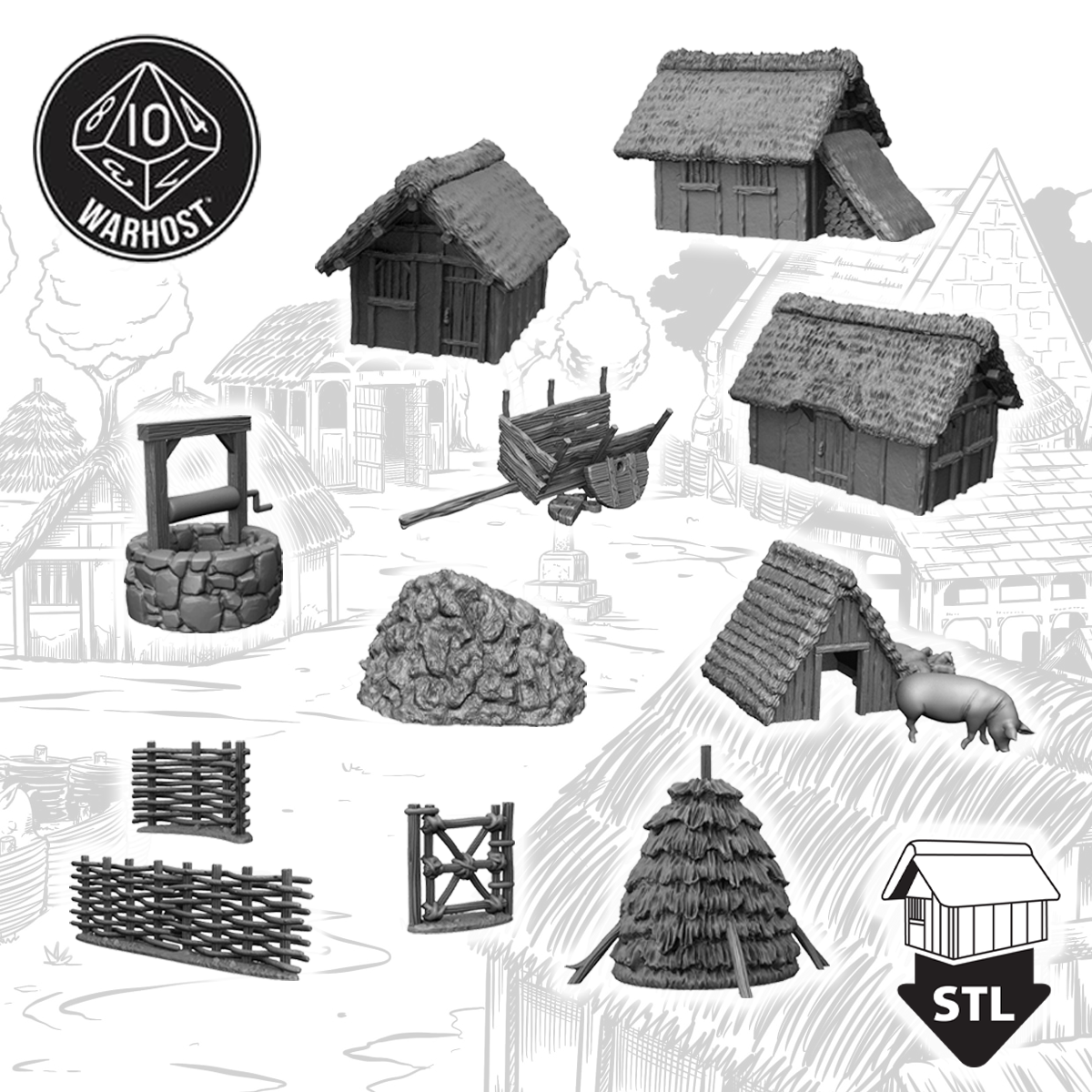 The Hamlet deal collection featuring huts, cart, well, pigsty, haystack, and fences for 3D printing.