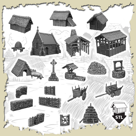 The Village deal includes detailed STL files for various terrain pieces like huts, fences, and a church.