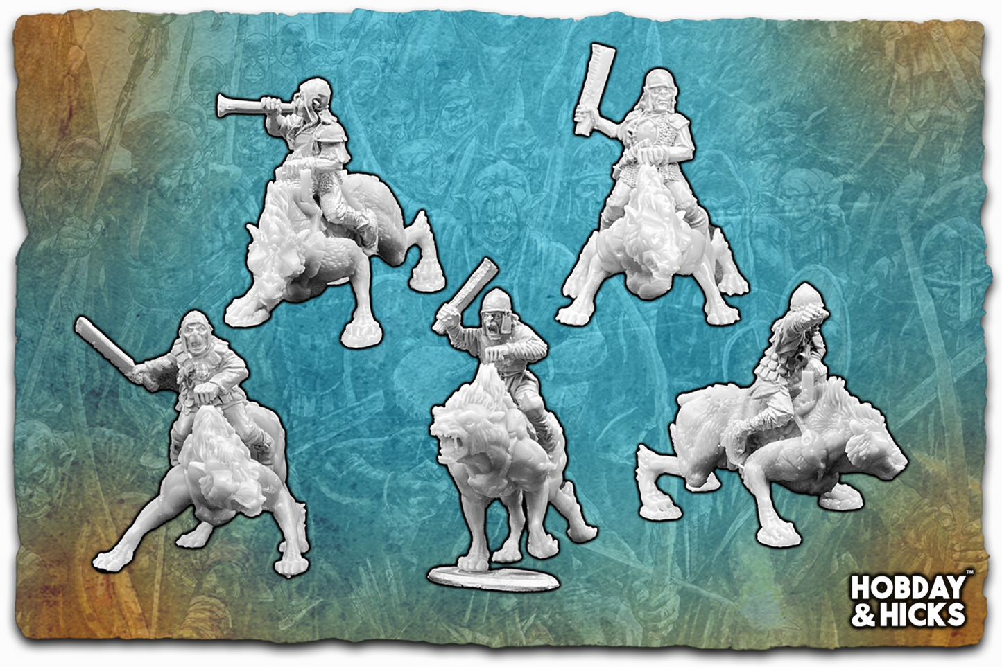 Orc Wolf Rider Scouts set of five 28mm metal figures on wolves, ready for mountain patrol.